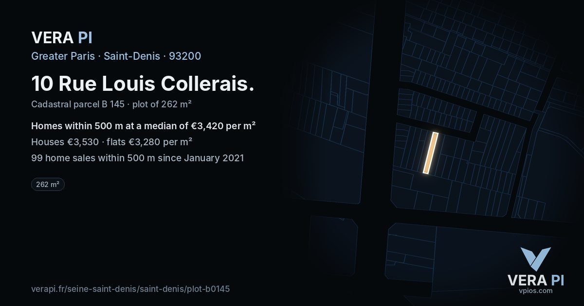 10 Rue Louis Collerais, Saint-Denis at night – the plot lit, the parcels around coloured by the prices near them