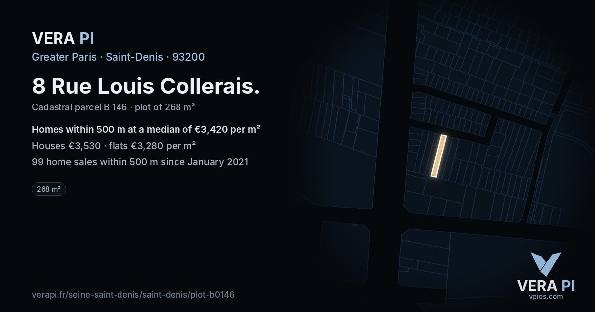 8 Rue Louis Collerais, Saint-Denis at night – the plot lit, the parcels around coloured by the prices near them