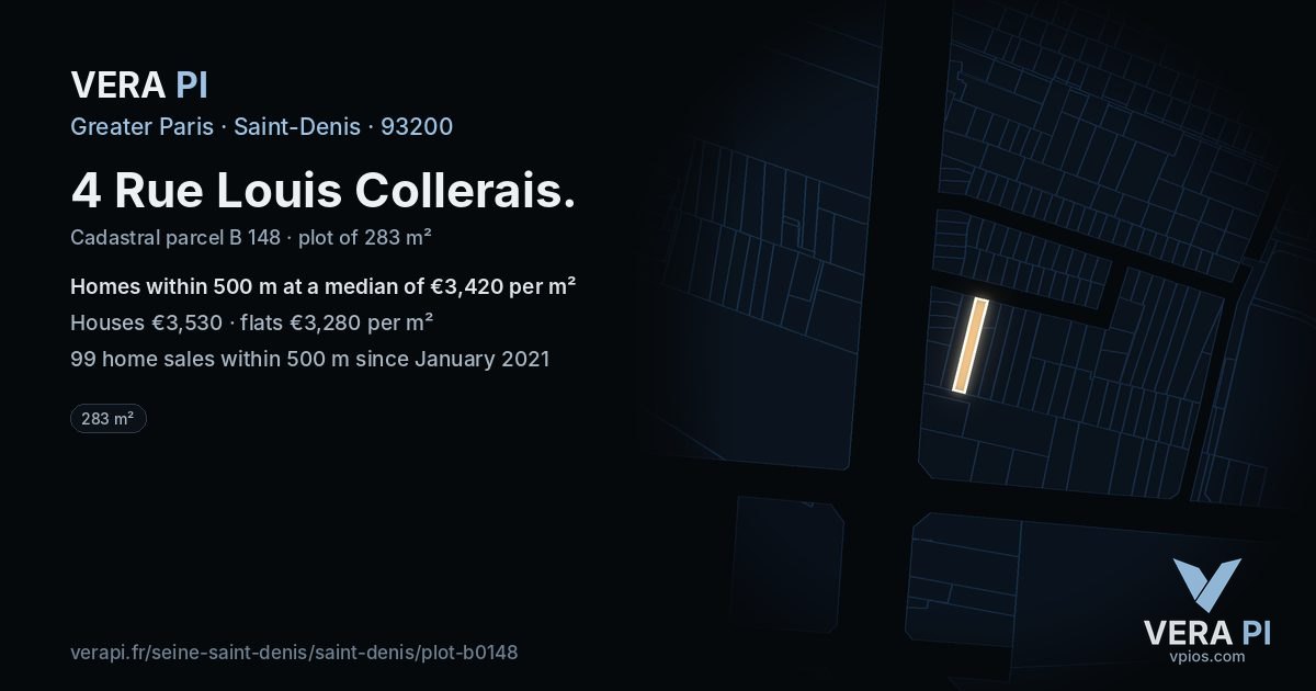 4 Rue Louis Collerais, Saint-Denis at night – the plot lit, the parcels around coloured by the prices near them