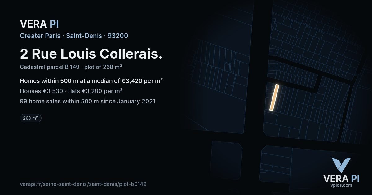 2 Rue Louis Collerais, Saint-Denis at night – the plot lit, the parcels around coloured by the prices near them