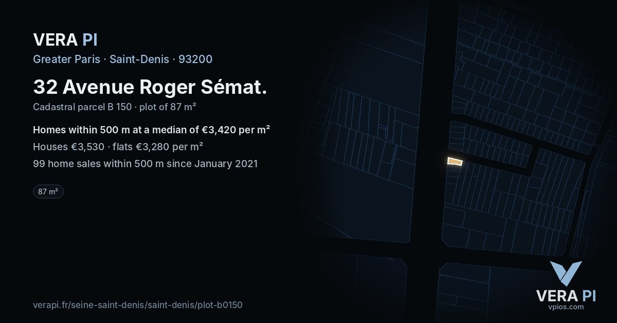 32 Avenue Roger Sémat, Saint-Denis at night – the plot lit, the parcels around coloured by the prices near them