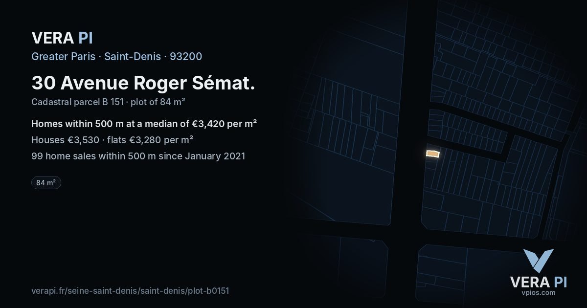 30 Avenue Roger Sémat, Saint-Denis at night – the plot lit, the parcels around coloured by the prices near them