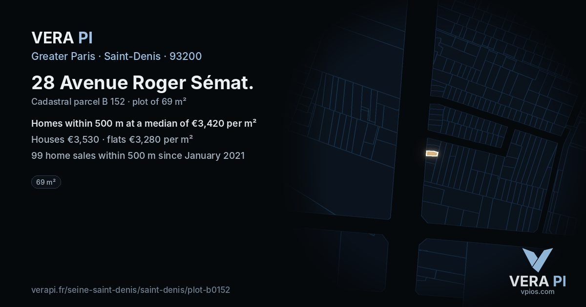 28 Avenue Roger Sémat, Saint-Denis at night – the plot lit, the parcels around coloured by the prices near them