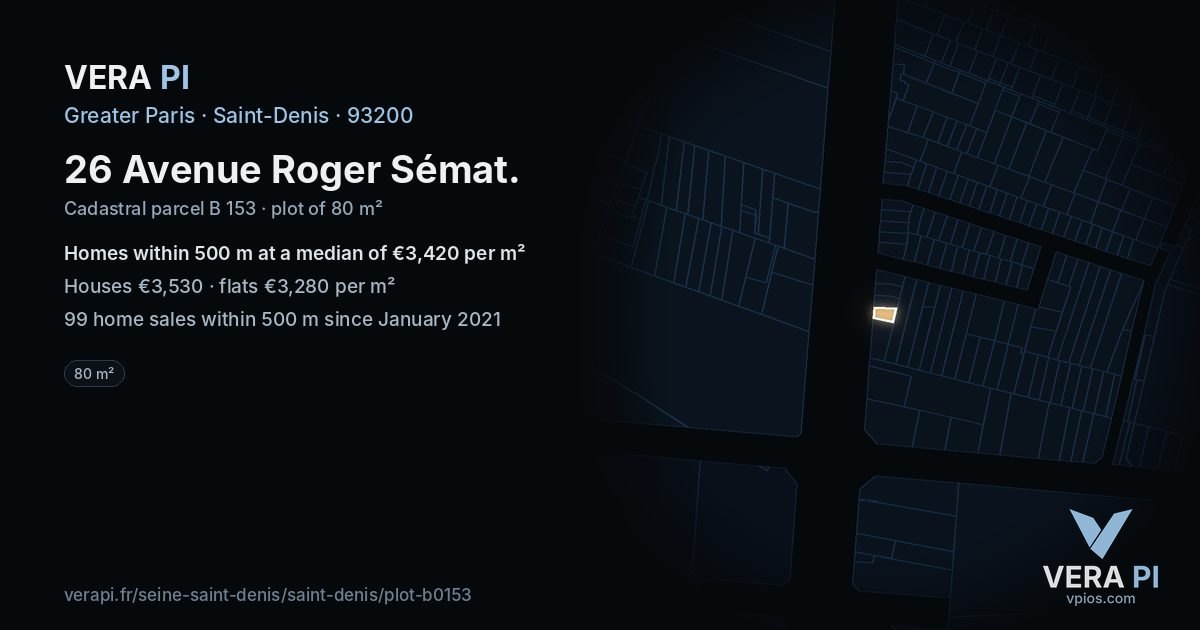 26 Avenue Roger Sémat, Saint-Denis at night – the plot lit, the parcels around coloured by the prices near them