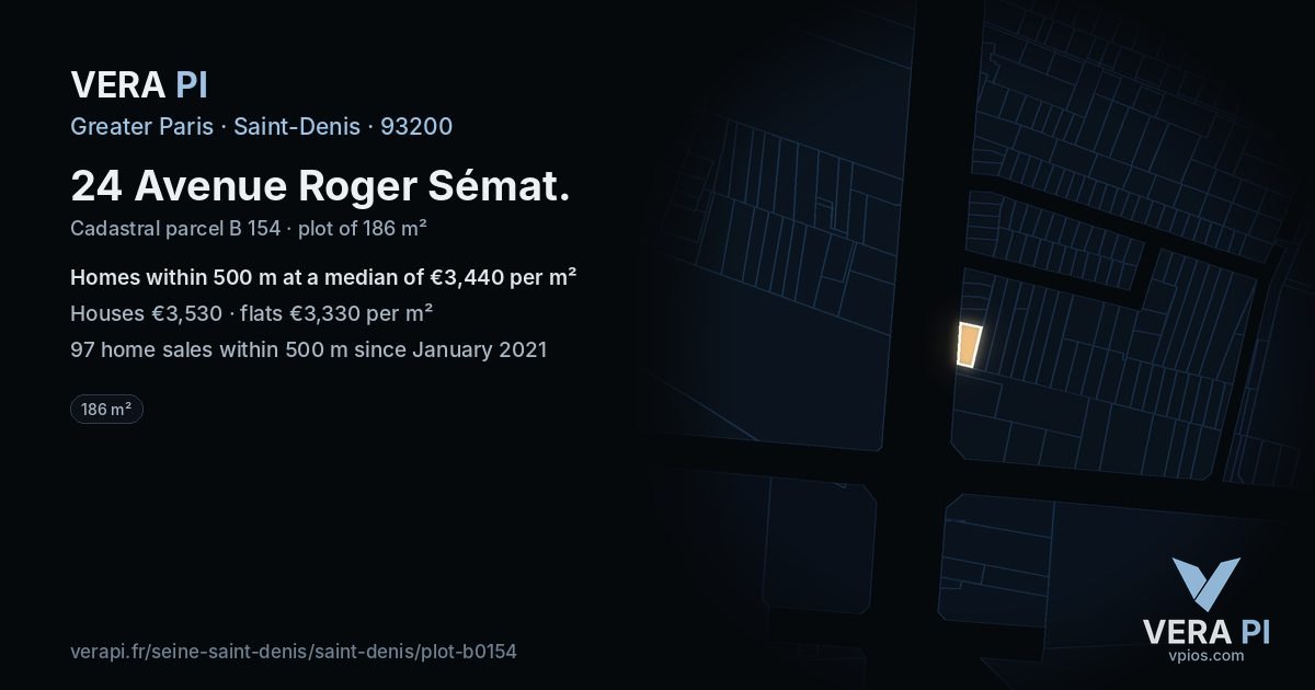 24 Avenue Roger Sémat, Saint-Denis at night – the plot lit, the parcels around coloured by the prices near them