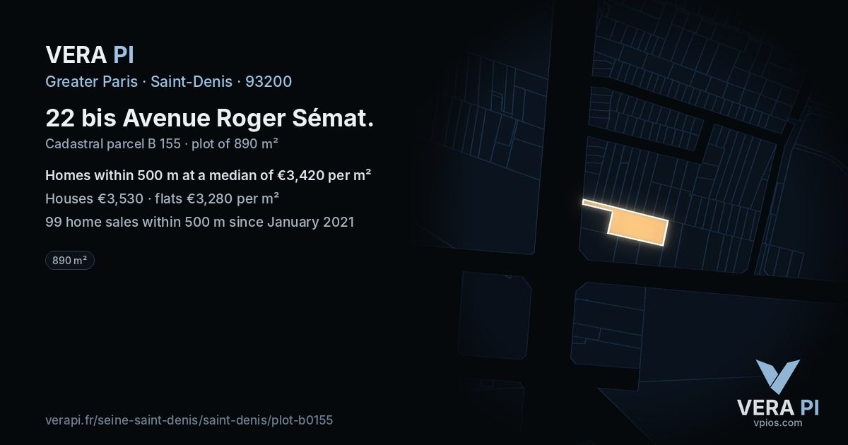 22 bis Avenue Roger Sémat, Saint-Denis at night – the plot lit, the parcels around coloured by the prices near them