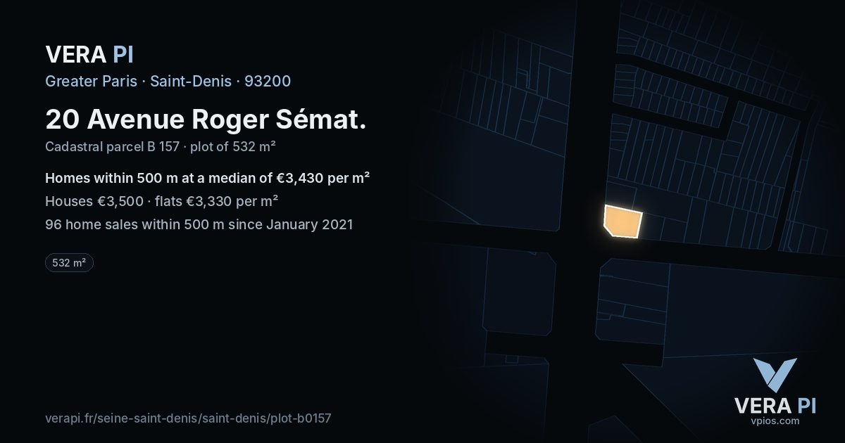 20 Avenue Roger Sémat, Saint-Denis at night – the plot lit, the parcels around coloured by the prices near them