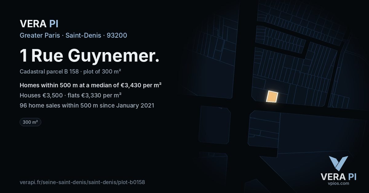 1 Rue Guynemer, Saint-Denis at night – the plot lit, the parcels around coloured by the prices near them