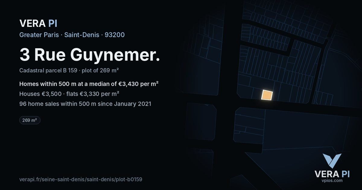 3 Rue Guynemer, Saint-Denis at night – the plot lit, the parcels around coloured by the prices near them