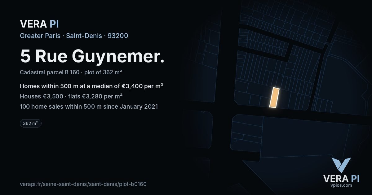 5 Rue Guynemer, Saint-Denis at night – the plot lit, the parcels around coloured by the prices near them