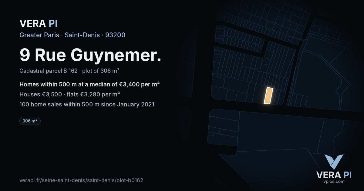 9 Rue Guynemer, Saint-Denis at night – the plot lit, the parcels around coloured by the prices near them
