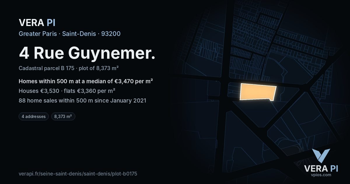 4 Rue Guynemer, Saint-Denis at night – the plot lit, the parcels around coloured by the prices near them
