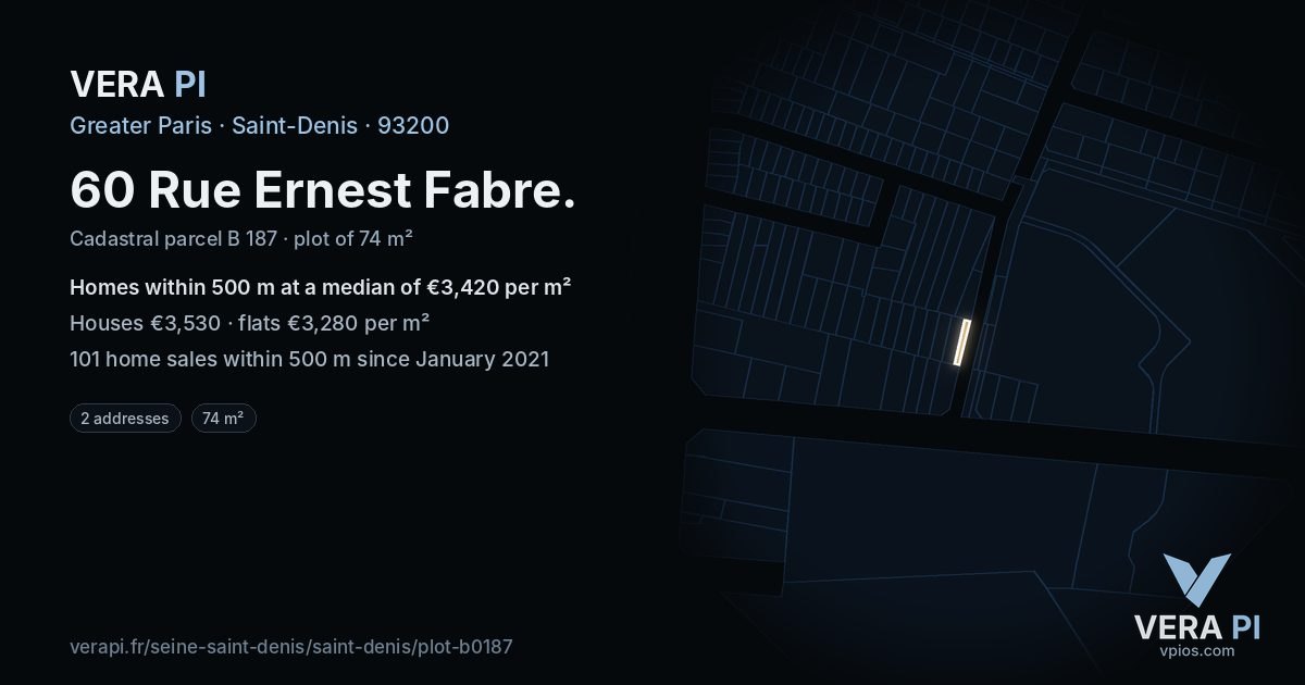 60 Rue Ernest Fabre, Saint-Denis at night – the plot lit, the parcels around coloured by the prices near them