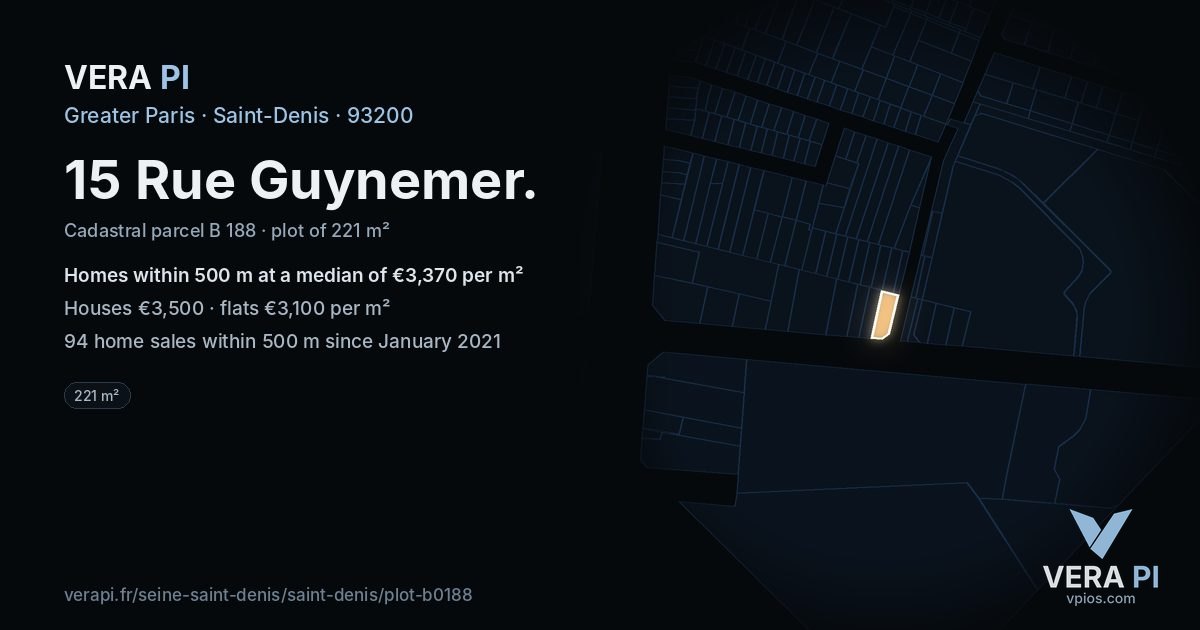 15 Rue Guynemer, Saint-Denis at night – the plot lit, the parcels around coloured by the prices near them