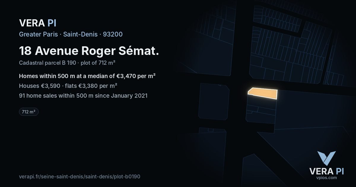 18 Avenue Roger Sémat, Saint-Denis at night – the plot lit, the parcels around coloured by the prices near them