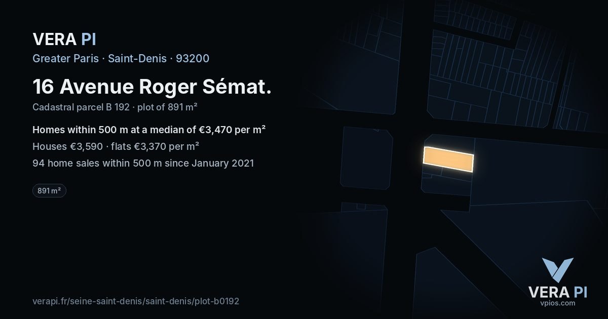 16 Avenue Roger Sémat, Saint-Denis at night – the plot lit, the parcels around coloured by the prices near them
