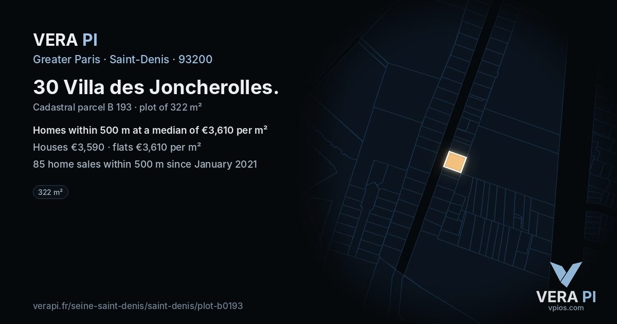 30 Villa des Joncherolles, Saint-Denis at night – the plot lit, the parcels around coloured by the prices near them