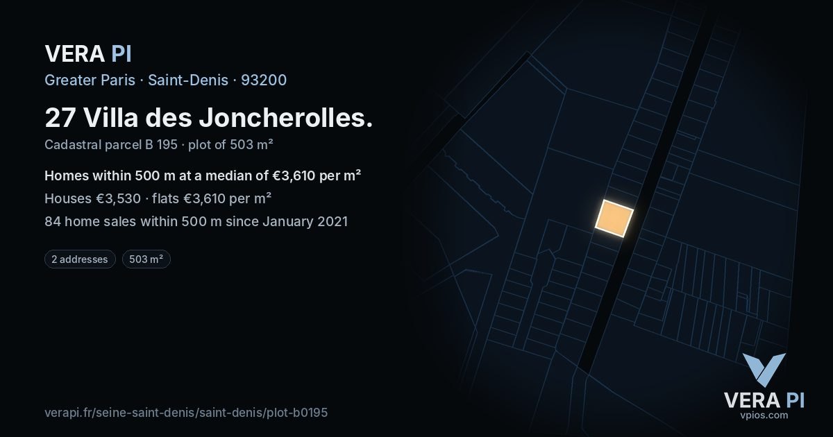 27 Villa des Joncherolles, Saint-Denis at night – the plot lit, the parcels around coloured by the prices near them