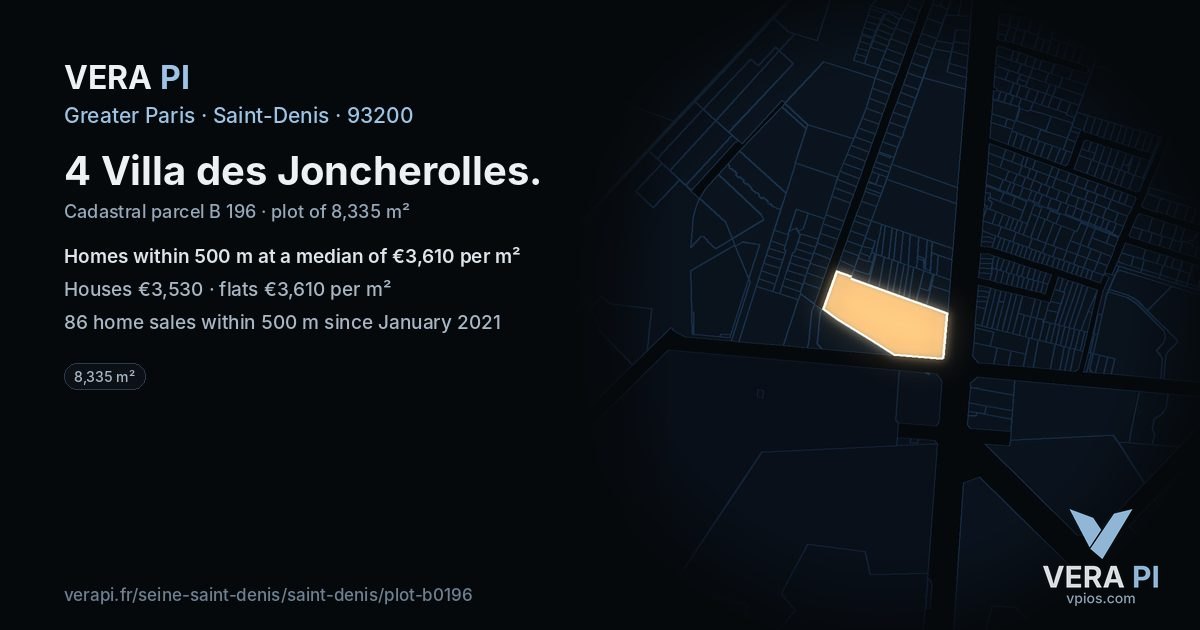 4 Villa des Joncherolles, Saint-Denis at night – the plot lit, the parcels around coloured by the prices near them