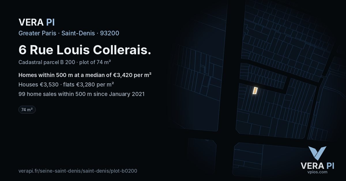 6 Rue Louis Collerais, Saint-Denis at night – the plot lit, the parcels around coloured by the prices near them