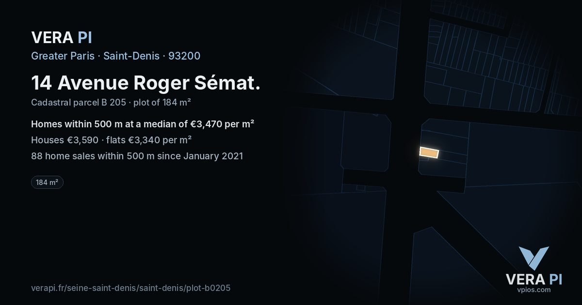 14 Avenue Roger Sémat, Saint-Denis at night – the plot lit, the parcels around coloured by the prices near them