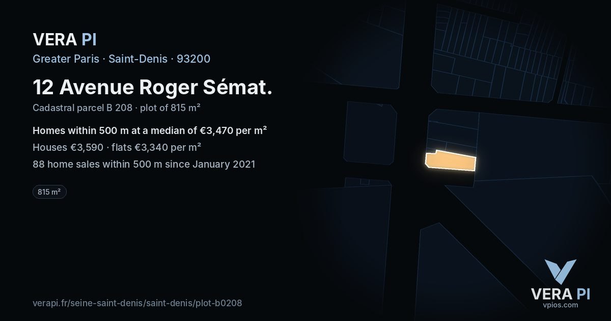 12 Avenue Roger Sémat, Saint-Denis at night – the plot lit, the parcels around coloured by the prices near them