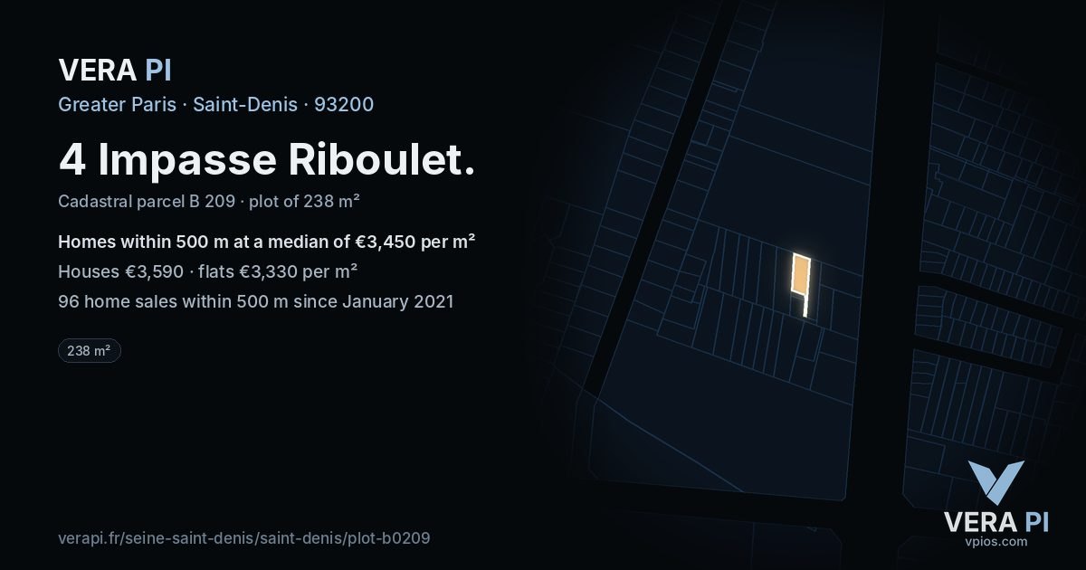 4 Impasse Riboulet, Saint-Denis at night – the plot lit, the parcels around coloured by the prices near them