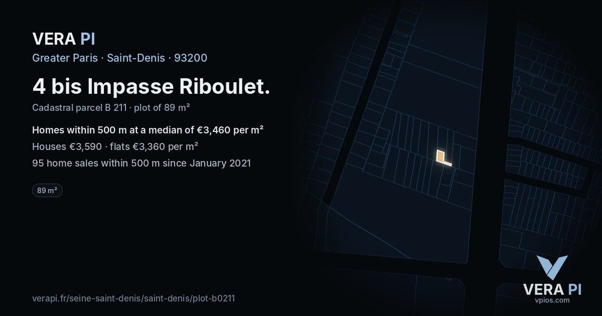 4 bis Impasse Riboulet, Saint-Denis at night – the plot lit, the parcels around coloured by the prices near them