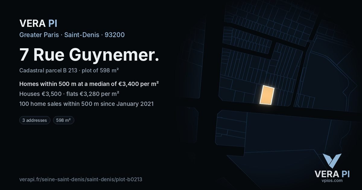 7 Rue Guynemer, Saint-Denis at night – the plot lit, the parcels around coloured by the prices near them