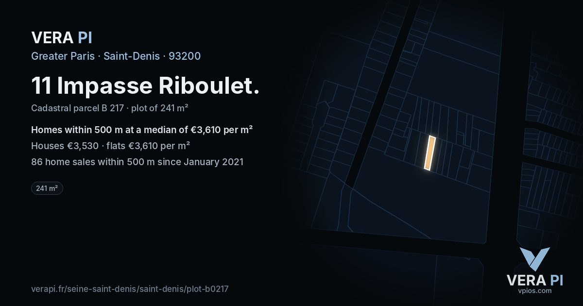 11 Impasse Riboulet, Saint-Denis at night – the plot lit, the parcels around coloured by the prices near them