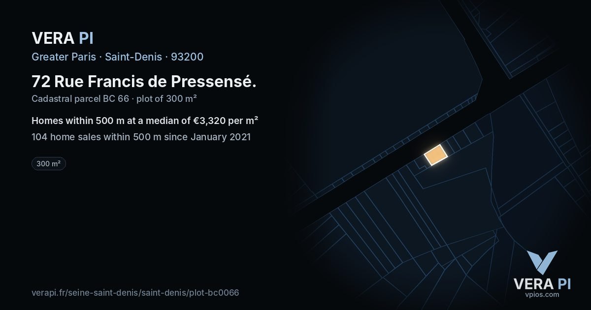 72 Rue Francis de Pressensé, Saint-Denis at night – the plot lit, the parcels around coloured by the prices near them