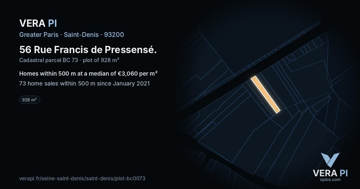 56 Rue Francis de Pressensé, Saint-Denis at night – the plot lit, the parcels around coloured by the prices near them