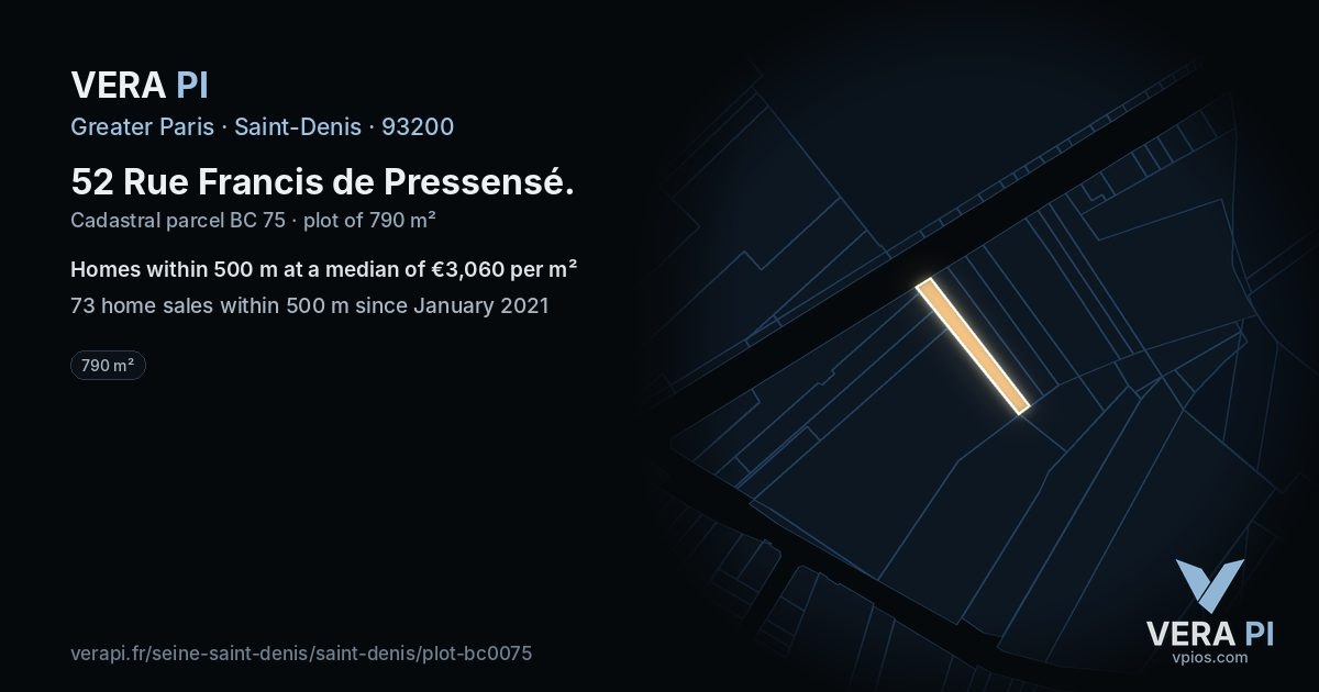 52 Rue Francis de Pressensé, Saint-Denis at night – the plot lit, the parcels around coloured by the prices near them