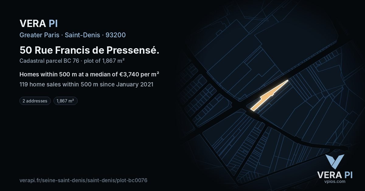 50 Rue Francis de Pressensé, Saint-Denis at night – the plot lit, the parcels around coloured by the prices near them