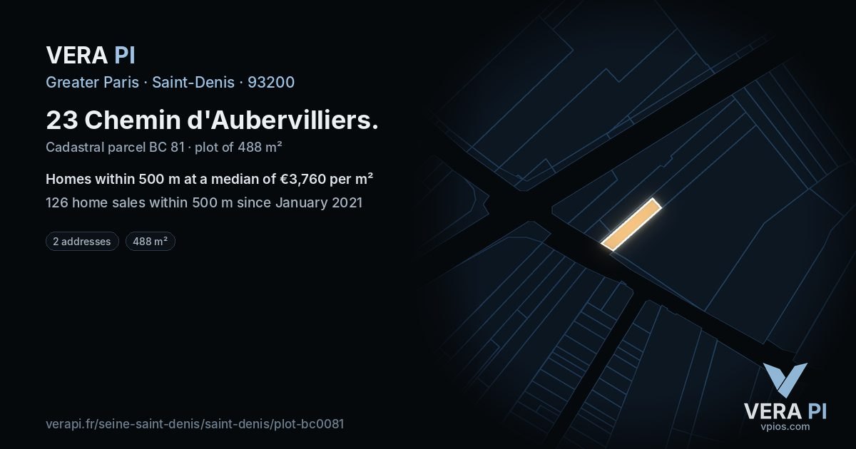 23 Chemin d'Aubervilliers, Saint-Denis at night – the plot lit, the parcels around coloured by the prices near them