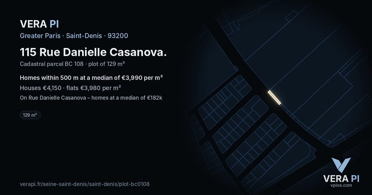 115 Rue Danielle Casanova, Saint-Denis at night – the plot lit, the parcels around coloured by the prices near them