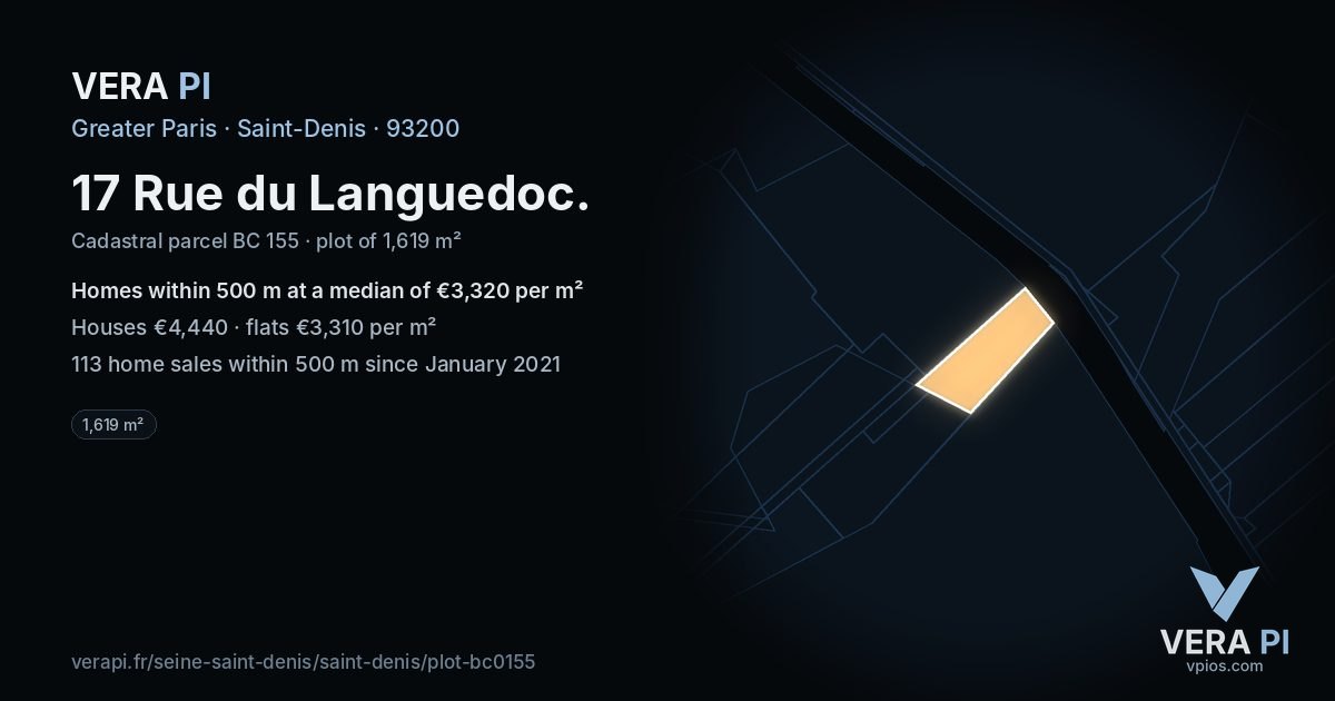 17 Rue du Languedoc, Saint-Denis at night – the plot lit, the parcels around coloured by the prices near them