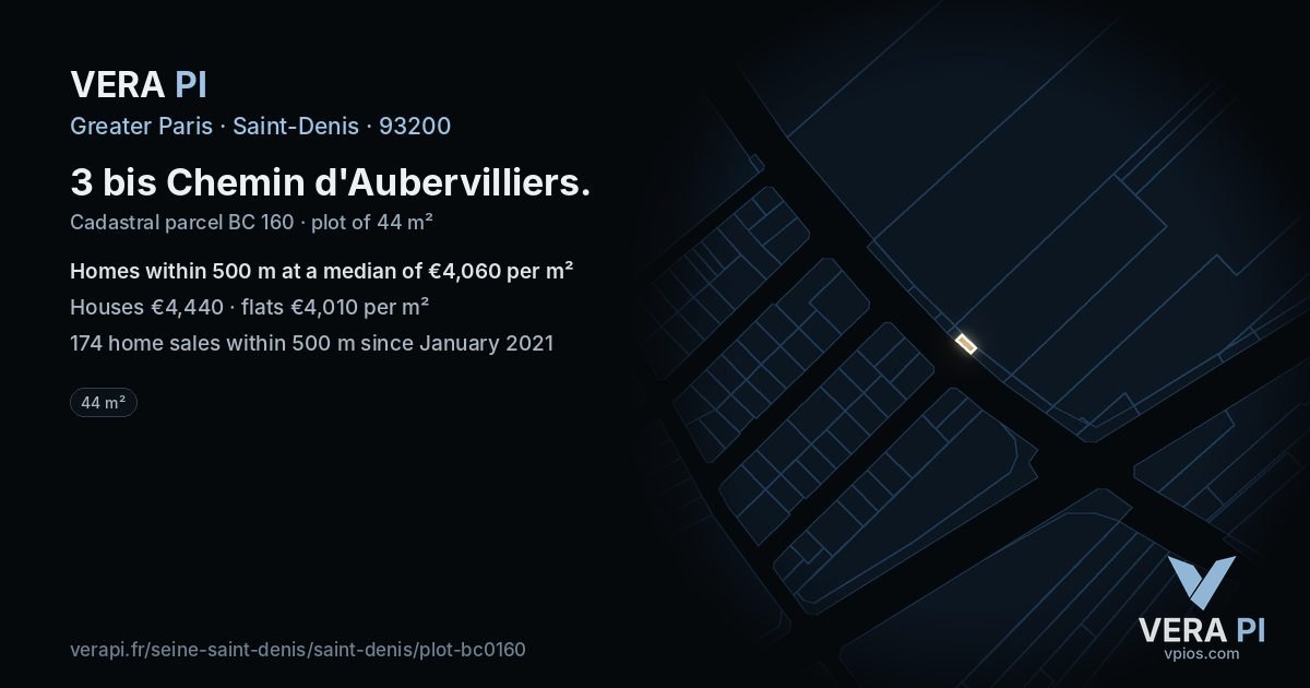 3 bis Chemin d'Aubervilliers, Saint-Denis at night – the plot lit, the parcels around coloured by the prices near them