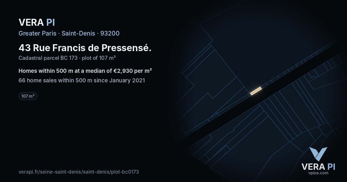 43 Rue Francis de Pressensé, Saint-Denis at night – the plot lit, the parcels around coloured by the prices near them