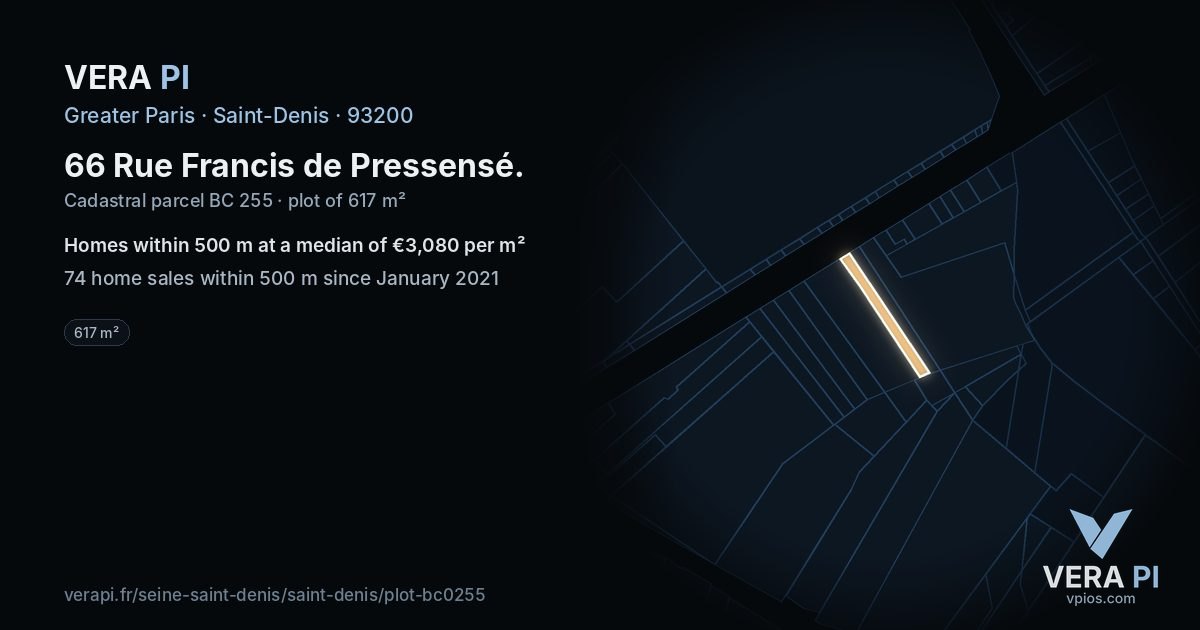 66 Rue Francis de Pressensé, Saint-Denis at night – the plot lit, the parcels around coloured by the prices near them