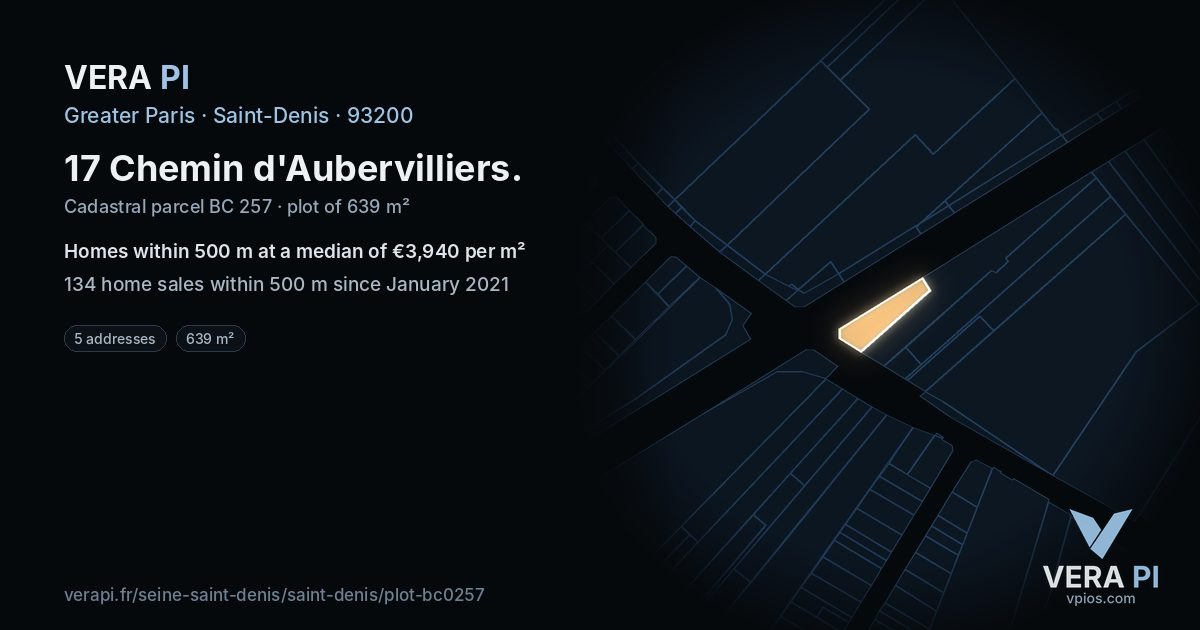 17 Chemin d'Aubervilliers, Saint-Denis at night – the plot lit, the parcels around coloured by the prices near them