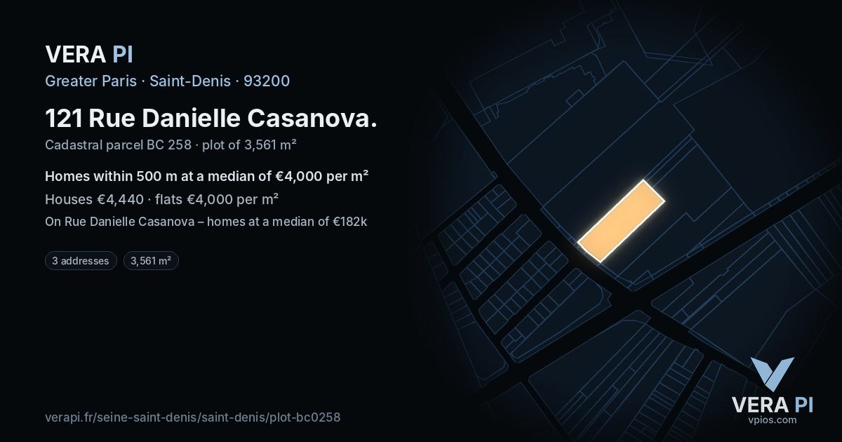 121 Rue Danielle Casanova, Saint-Denis at night – the plot lit, the parcels around coloured by the prices near them