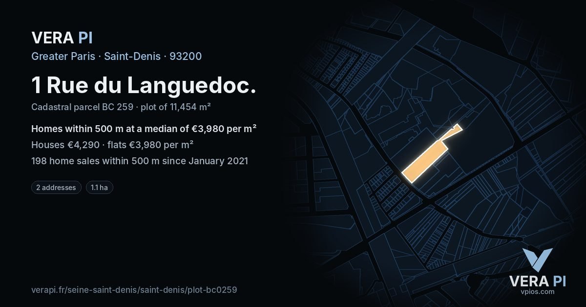 1 Rue du Languedoc, Saint-Denis at night – the plot lit, the parcels around coloured by the prices near them