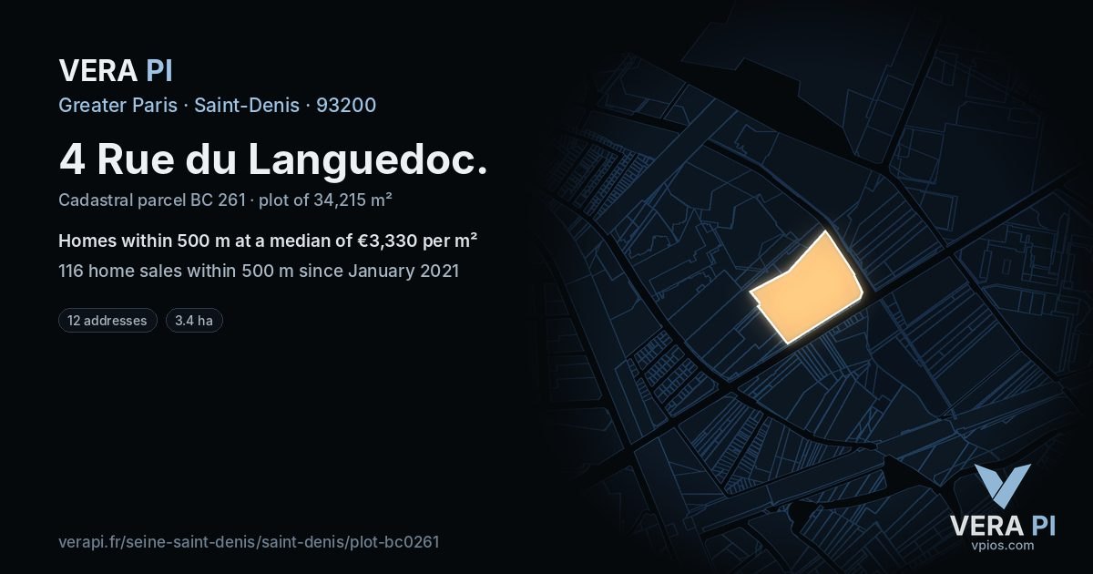4 Rue du Languedoc, Saint-Denis at night – the plot lit, the parcels around coloured by the prices near them