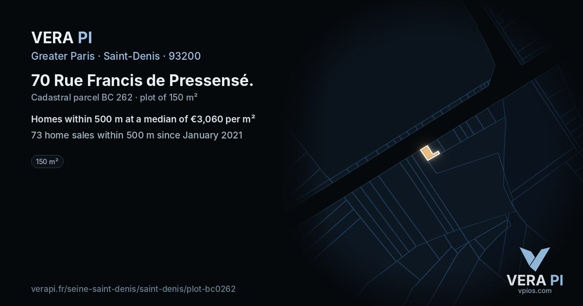 70 Rue Francis de Pressensé, Saint-Denis at night – the plot lit, the parcels around coloured by the prices near them