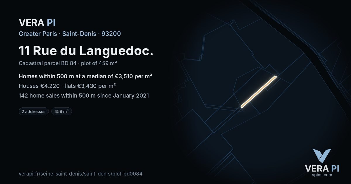 11 Rue du Languedoc, Saint-Denis at night – the plot lit, the parcels around coloured by the prices near them