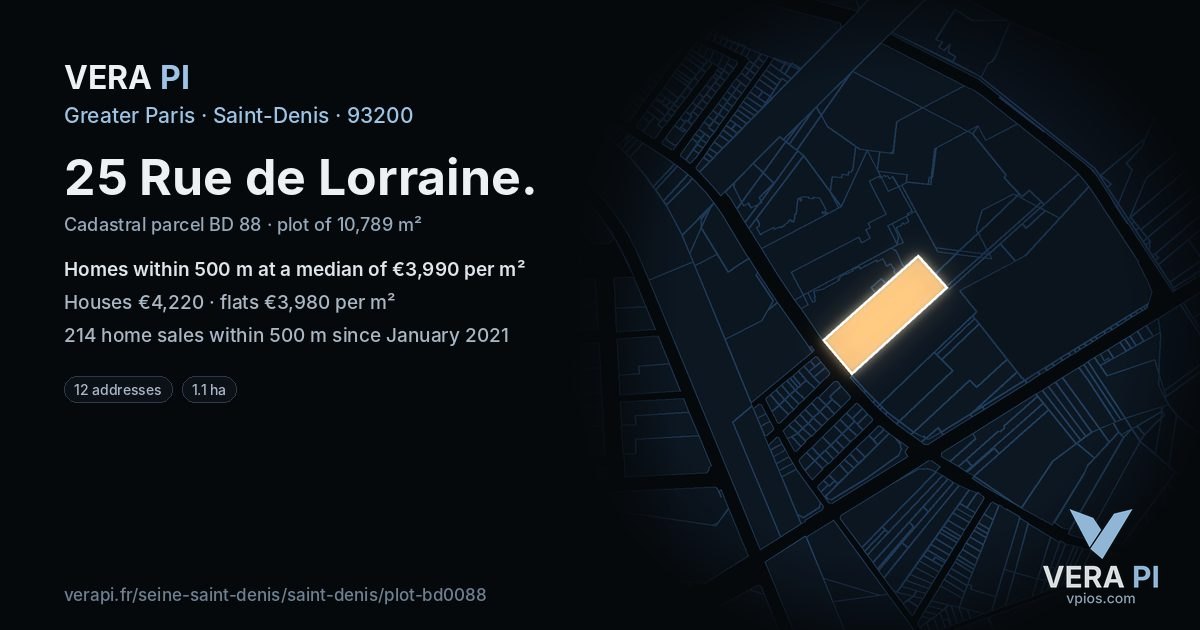 25 Rue de Lorraine, Saint-Denis at night – the plot lit, the parcels around coloured by the prices near them