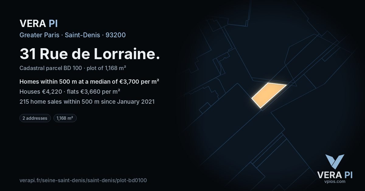 31 Rue de Lorraine, Saint-Denis at night – the plot lit, the parcels around coloured by the prices near them