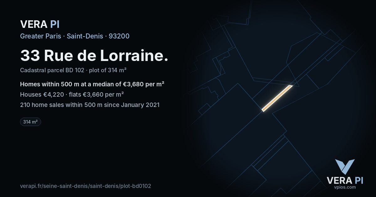 33 Rue de Lorraine, Saint-Denis at night – the plot lit, the parcels around coloured by the prices near them