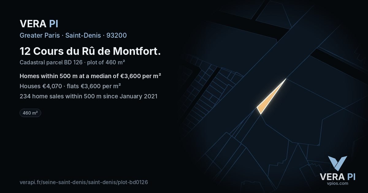 12 Cours du Rû de Montfort, Saint-Denis at night – the plot lit, the parcels around coloured by the prices near them